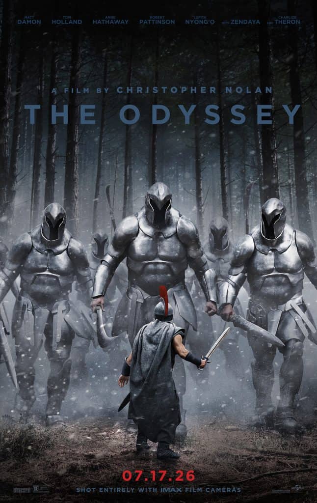 The Odyssey movie poster laestrogonians facing Odysseus in ash-ridden forest